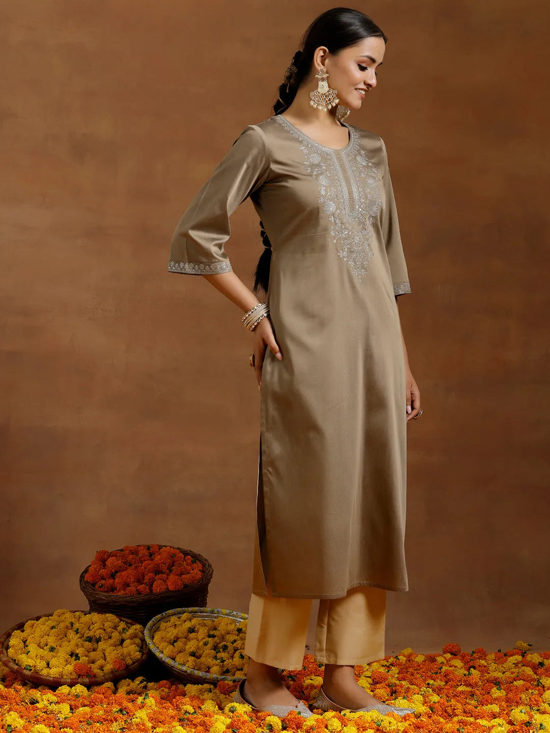  Gold Embroidered Silk Straight Kurta 