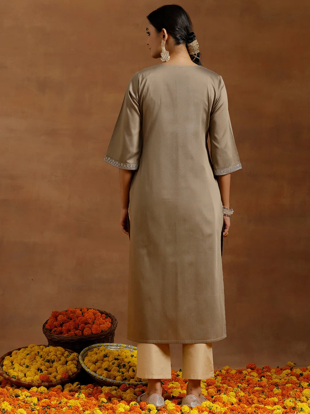  Gold Embroidered Silk Straight Kurta 