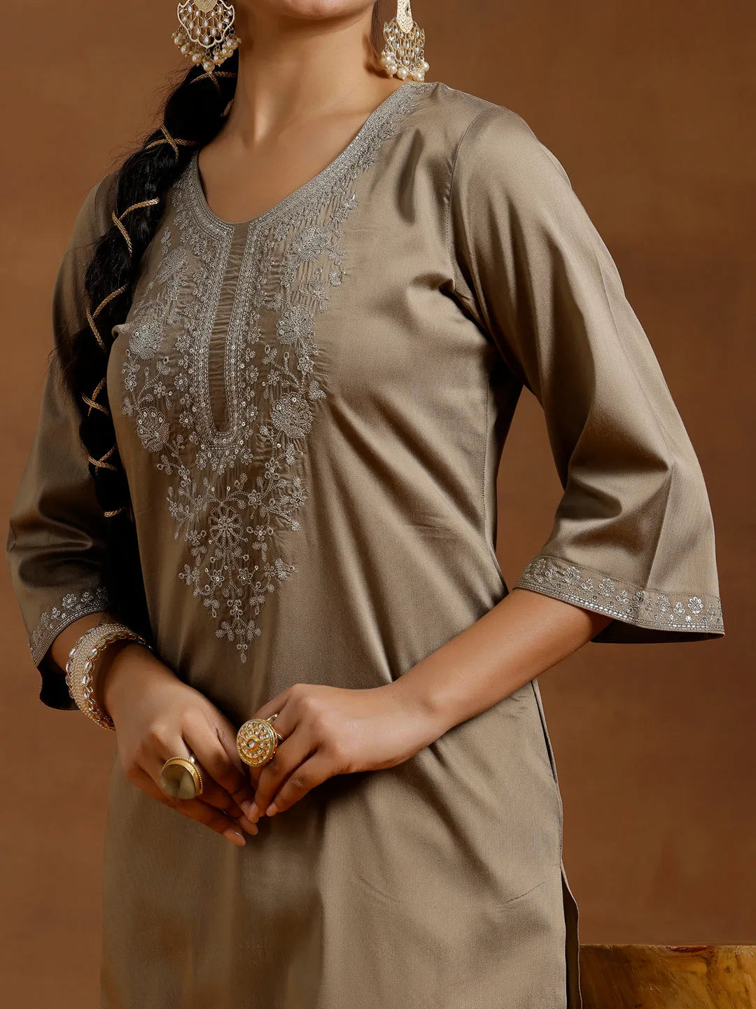  Gold Embroidered Silk Straight Kurta 