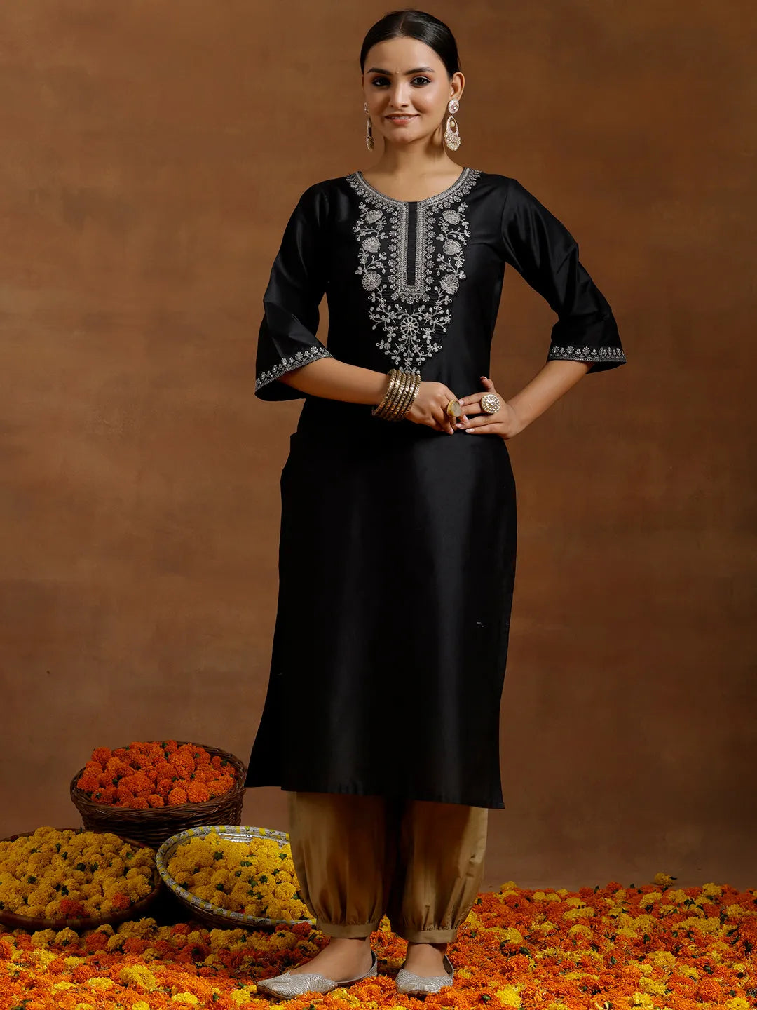  Black Embroidered Silk Straight Kurta 