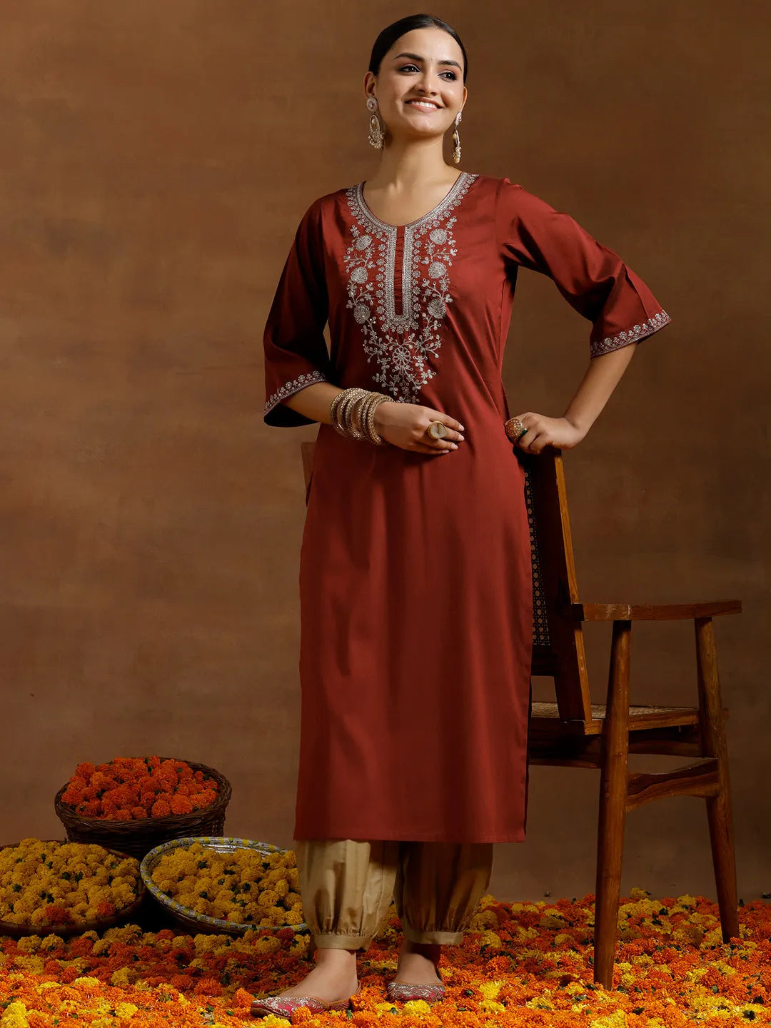 libas Maroon Embroidered Silk Straight Kurta-picture-64