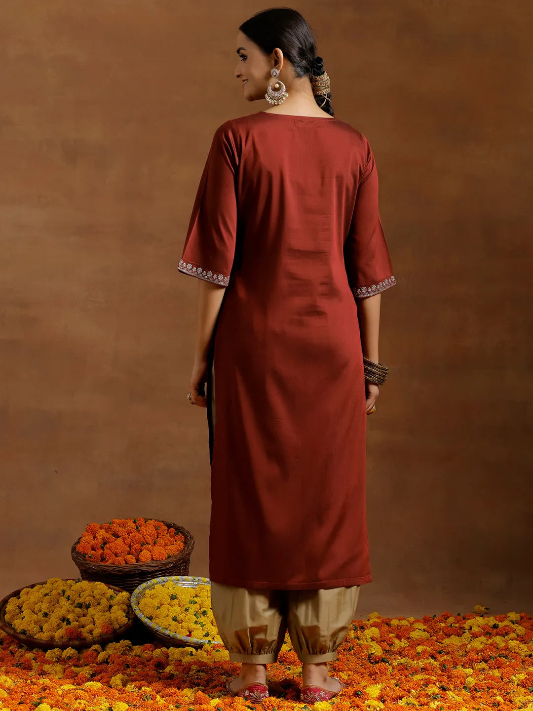  Maroon Embroidered Silk Straight Kurta 