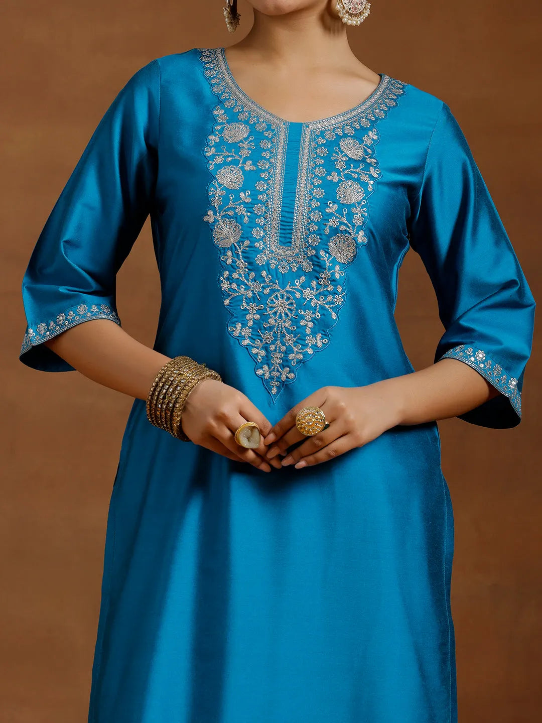  Blue Embroidered Silk Straight Kurta 