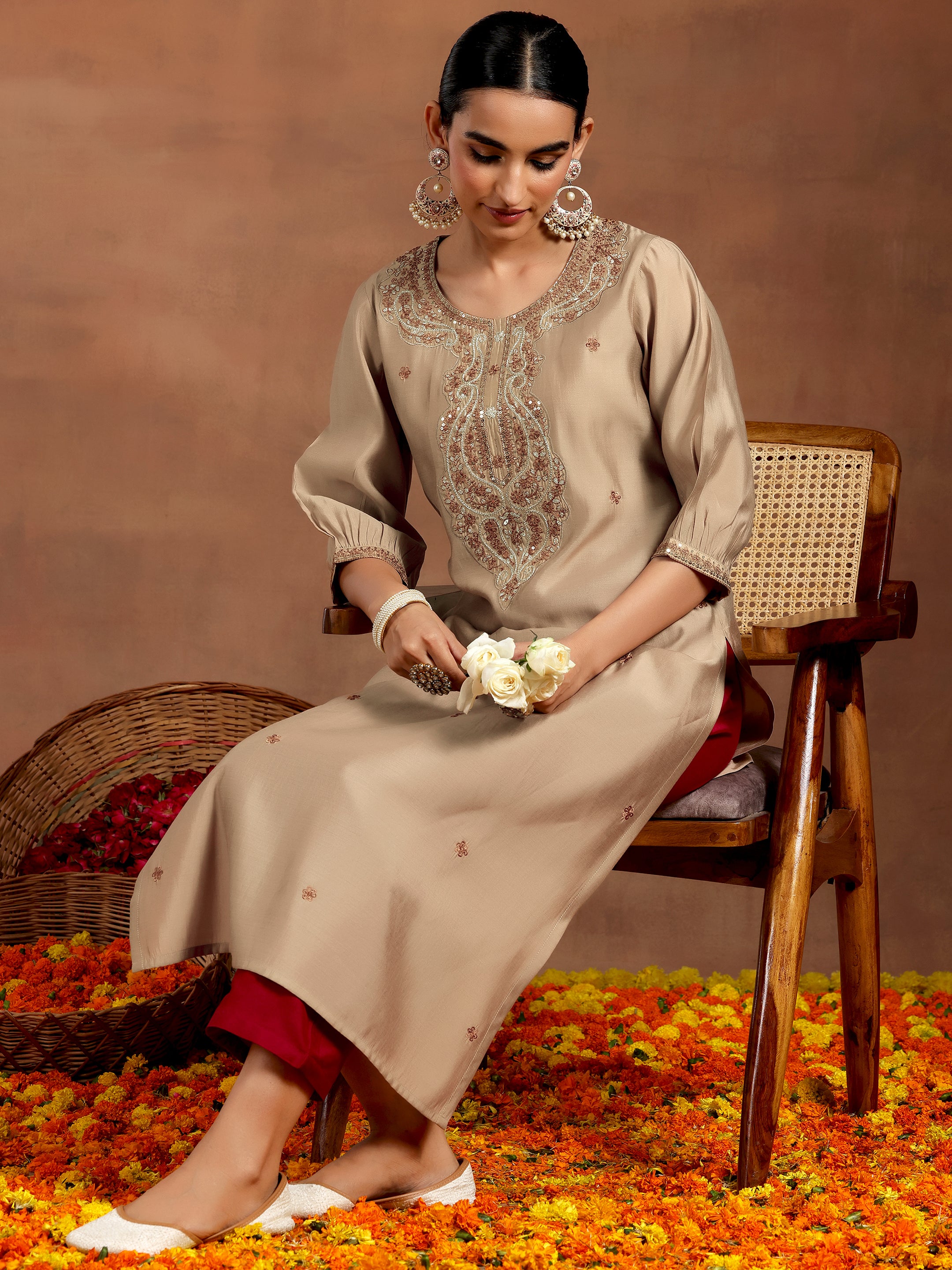 libas Beige Embroidered Silk Straight Kurta-picture-28