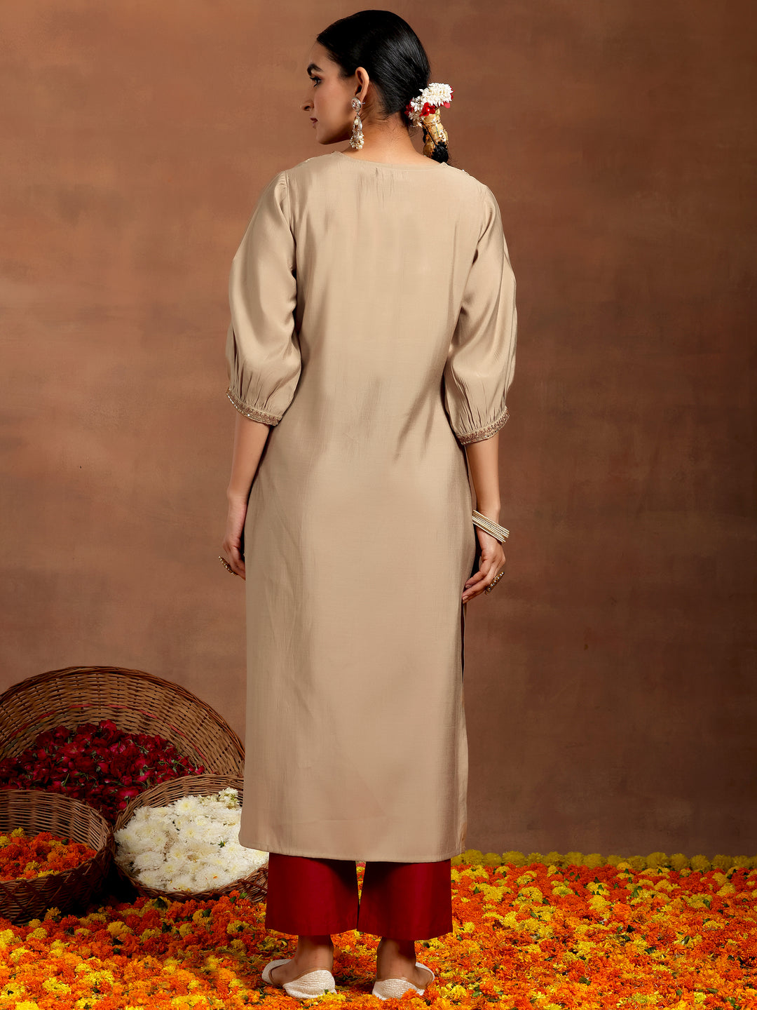 Beige Embroidered Silk Straight Kurta 