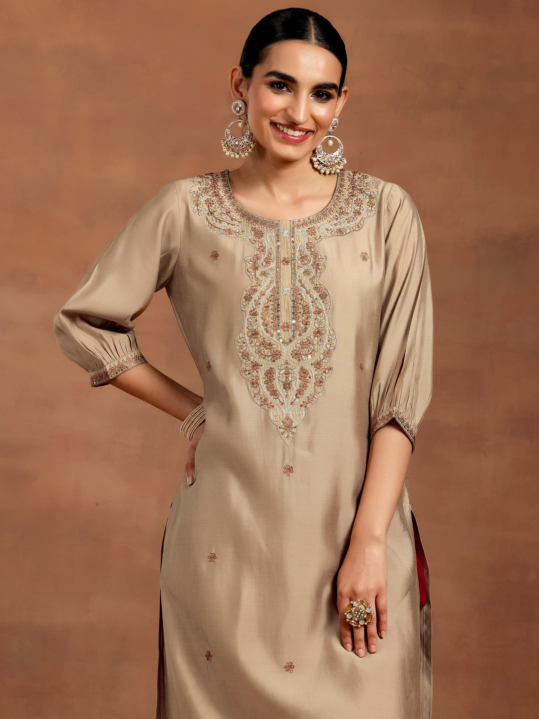  Beige Embroidered Silk Straight Kurta 