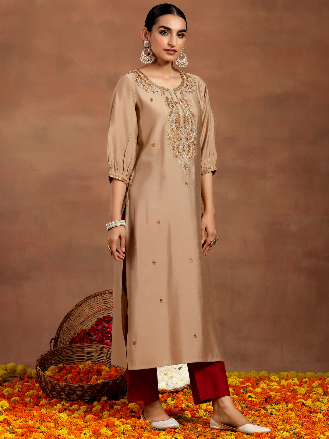  Beige Embroidered Silk Straight Kurta 