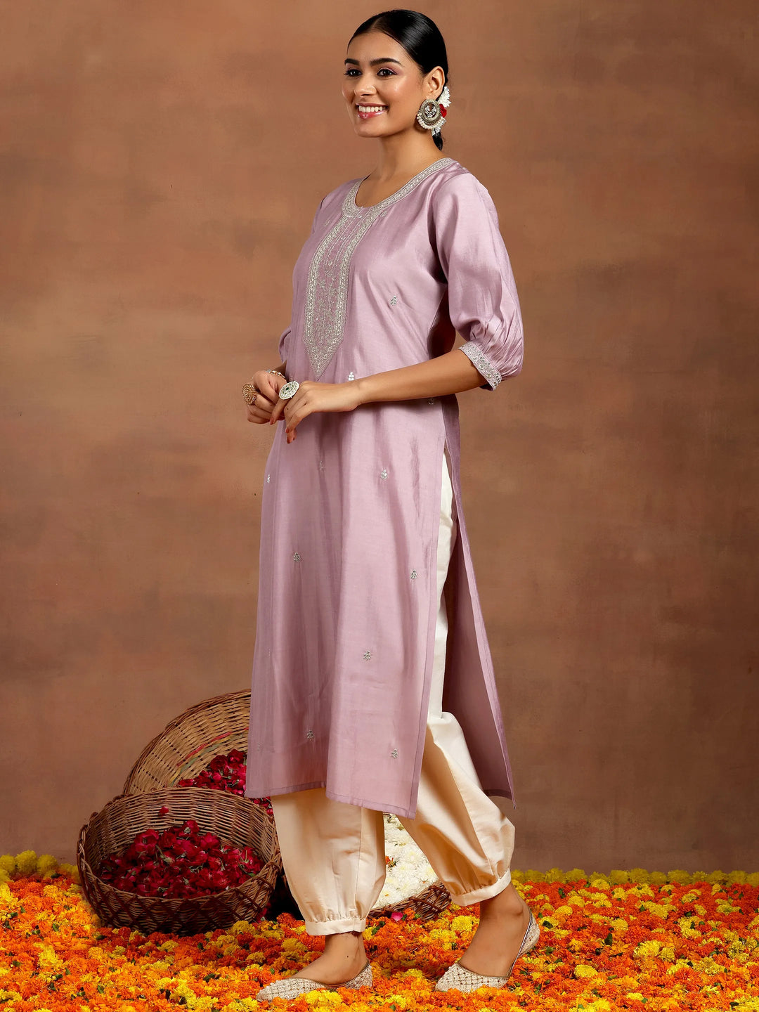  Purple Embroidered Silk Straight Kurta 