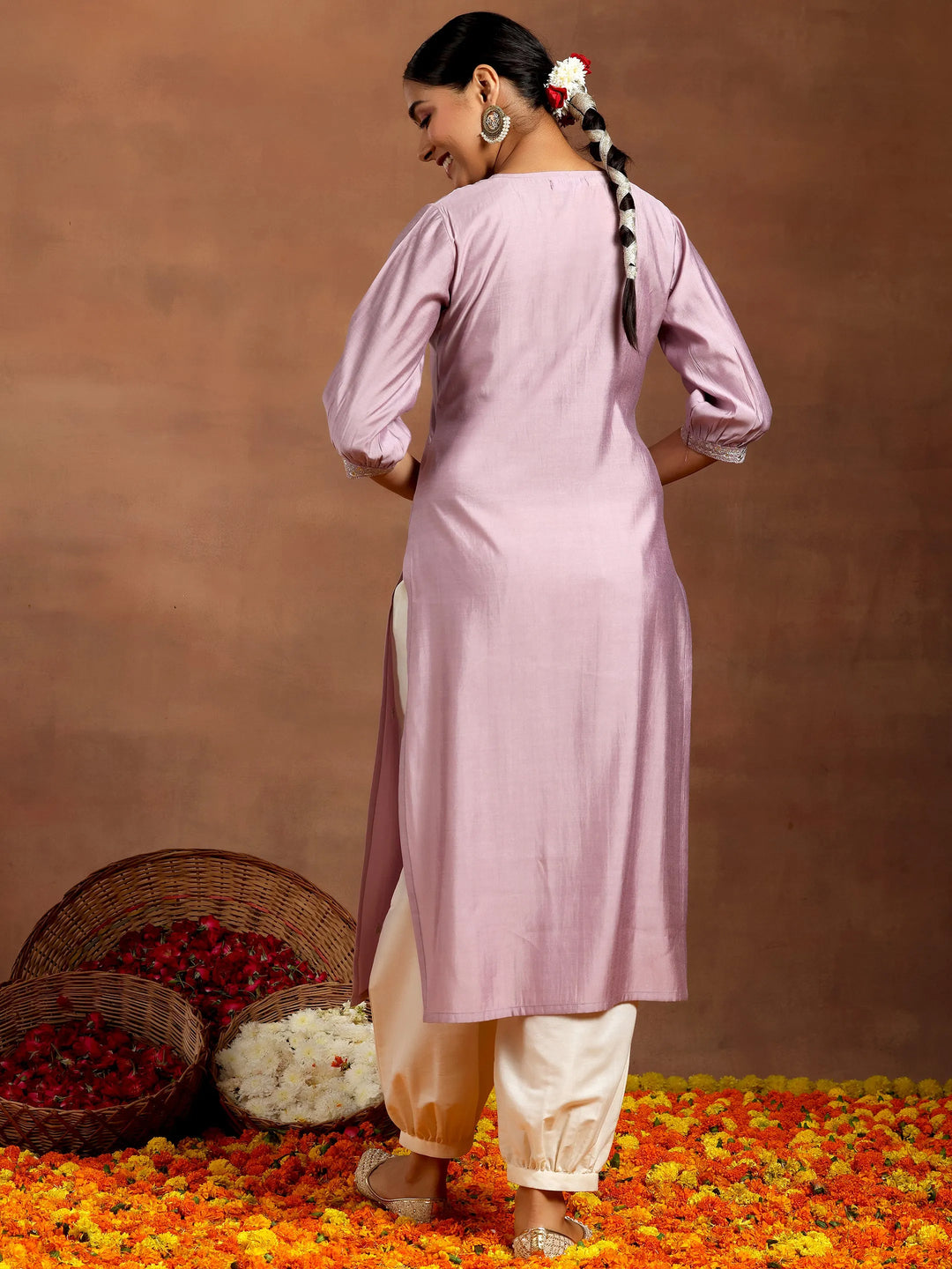  Purple Embroidered Silk Straight Kurta 