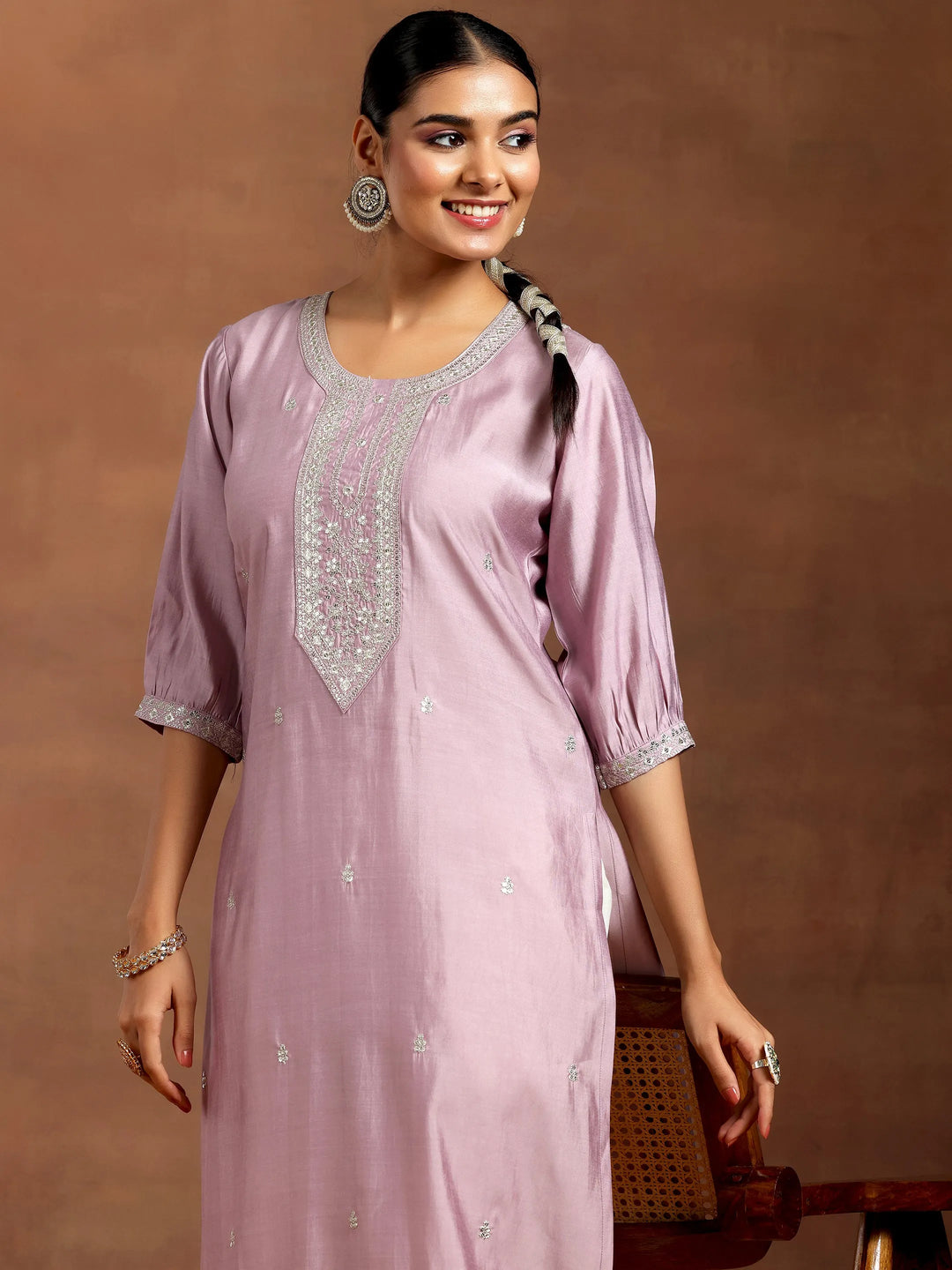  Purple Embroidered Silk Straight Kurta 