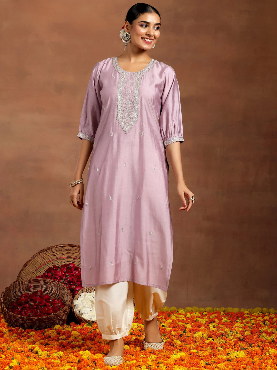  Purple Embroidered Silk Straight Kurta 
