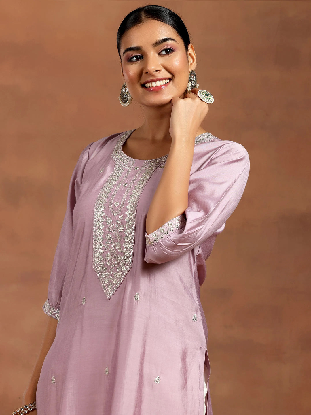  Purple Embroidered Silk Straight Kurta 