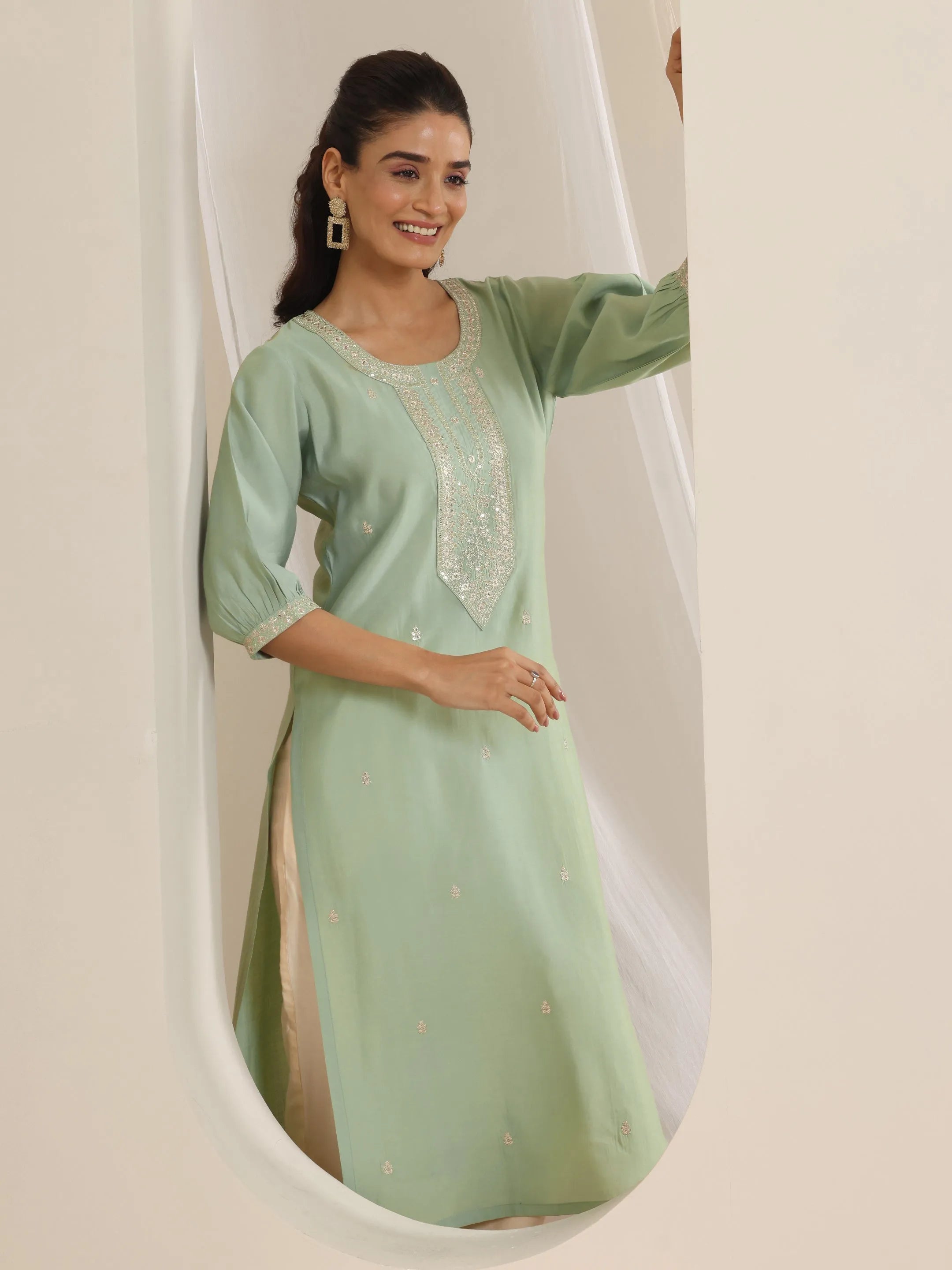 libas Green Embroidered Silk Straight Kurta-picture-66