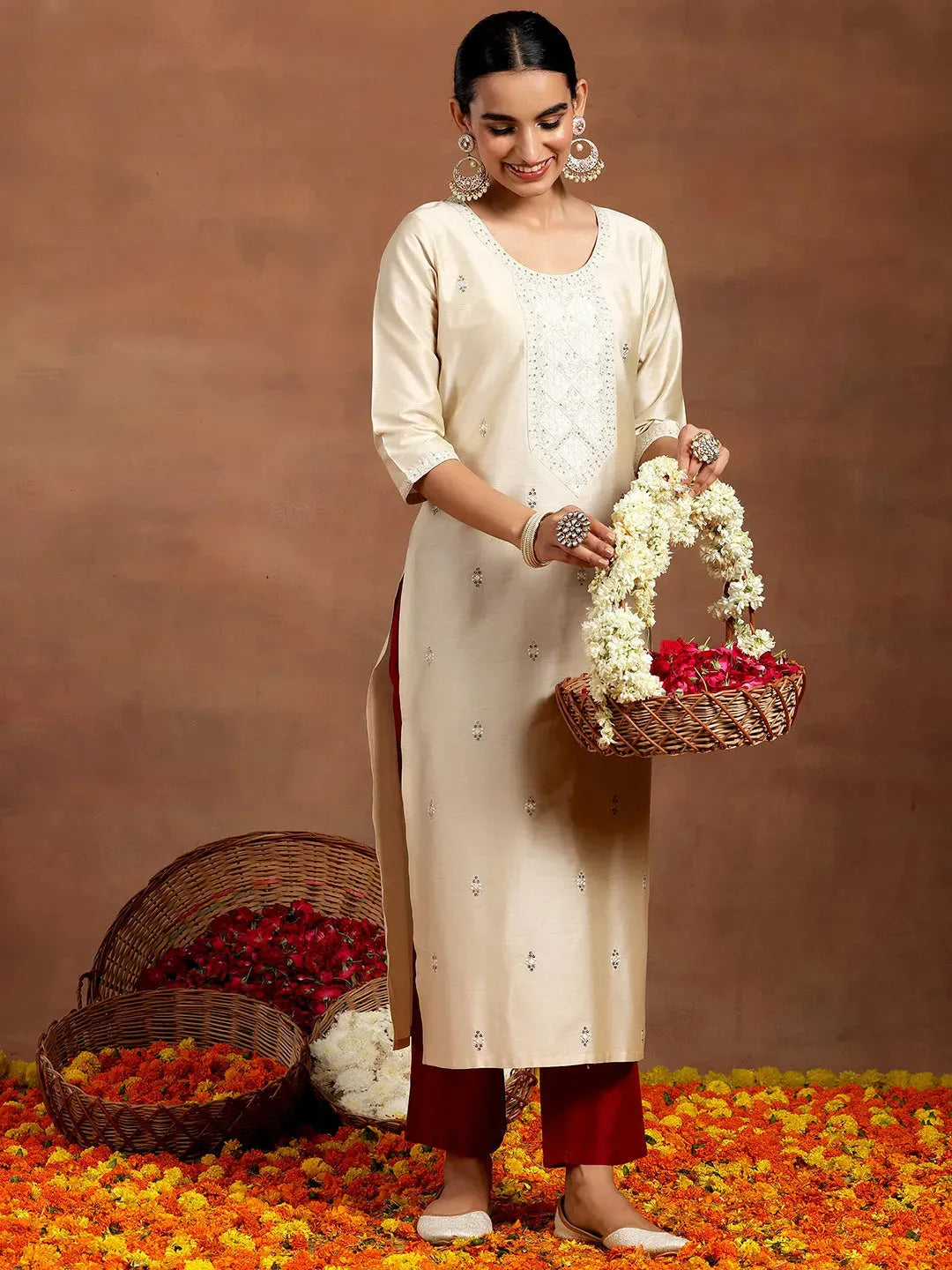 libas Off White Embroidered Silk Straight Kurta-picture-44