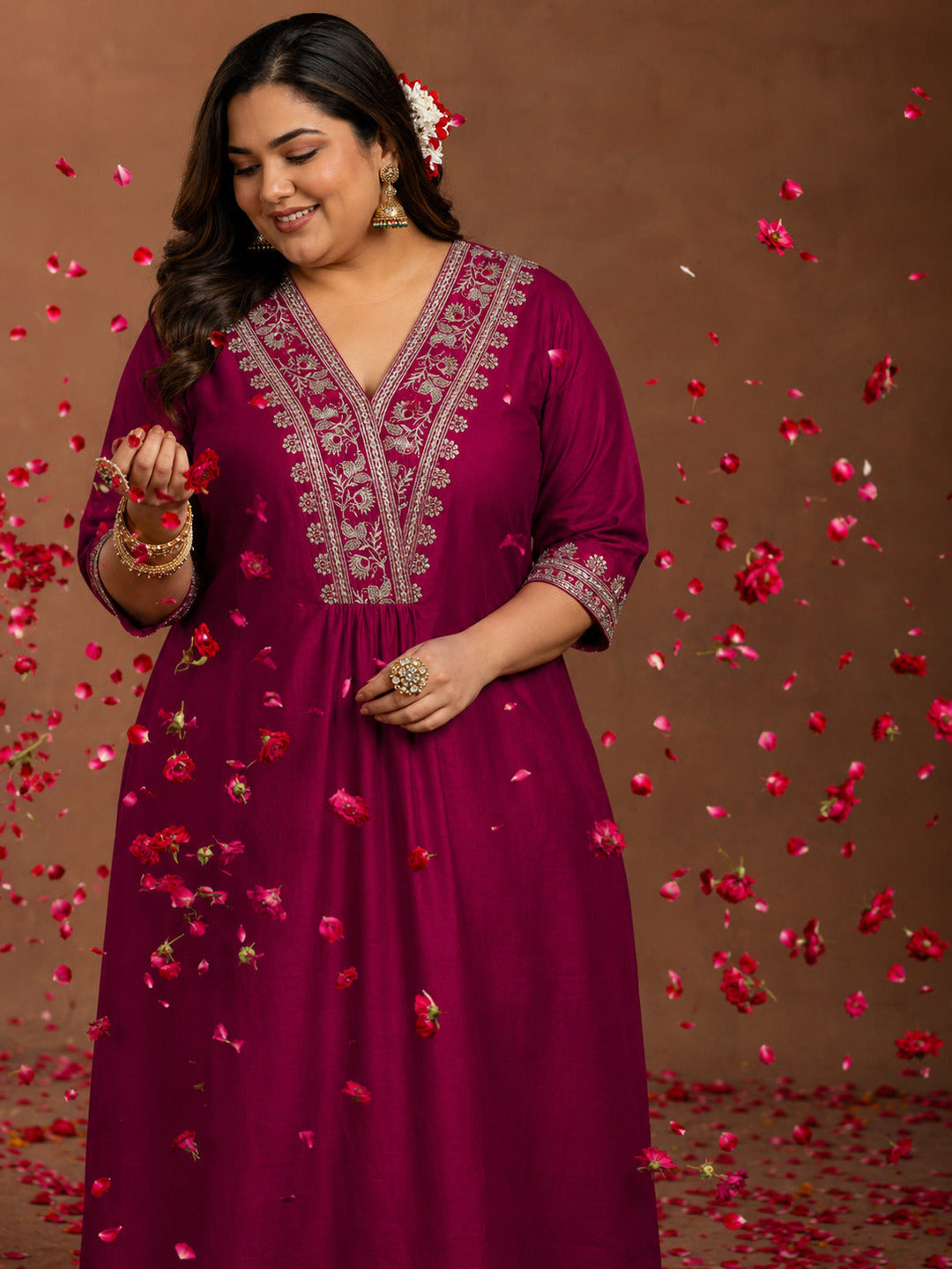  Plus Size Maroon Yoke Design Silk Straight Kurta 
