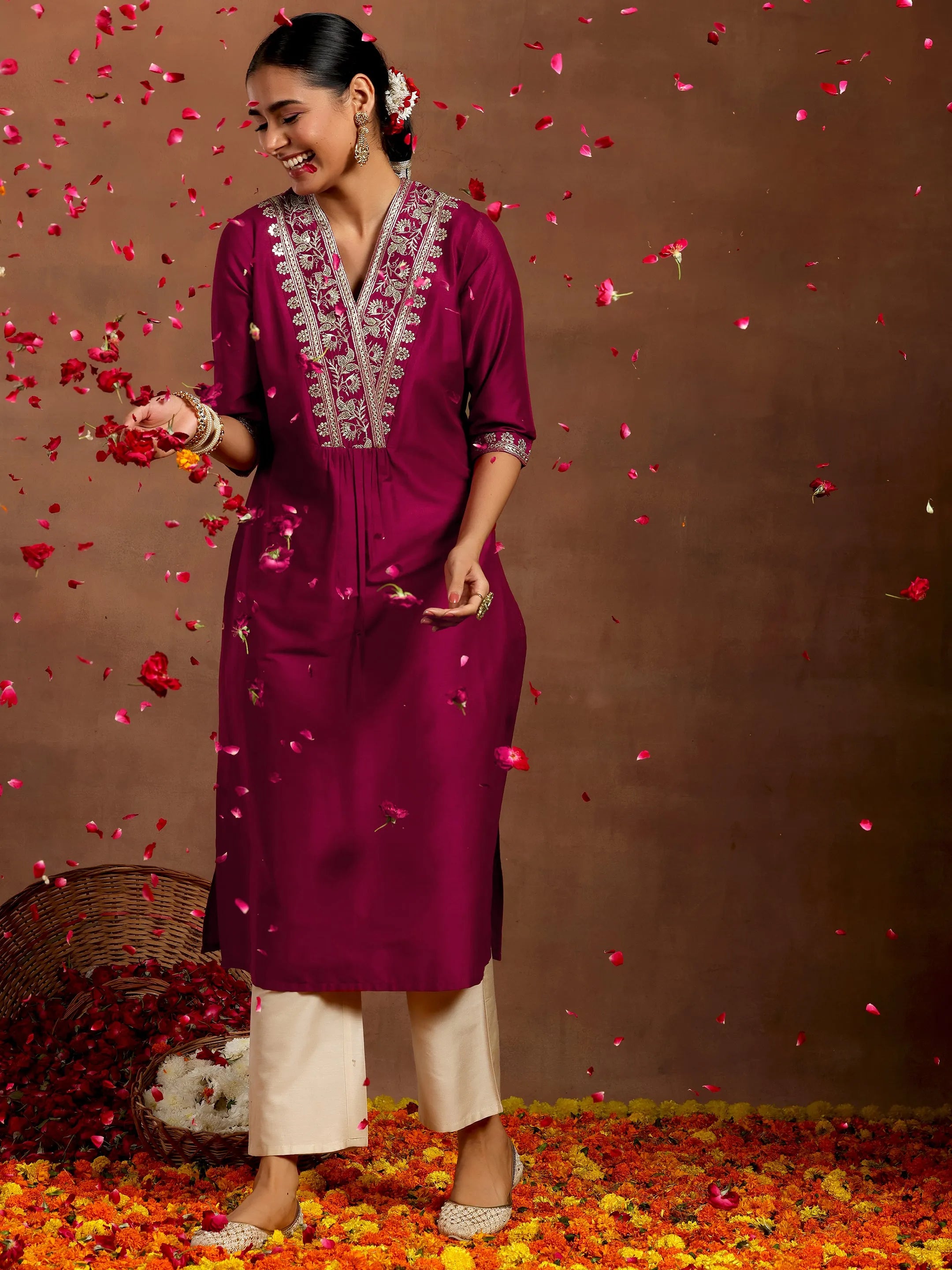libas Maroon Yoke Design Silk Straight Kurta-picture-32