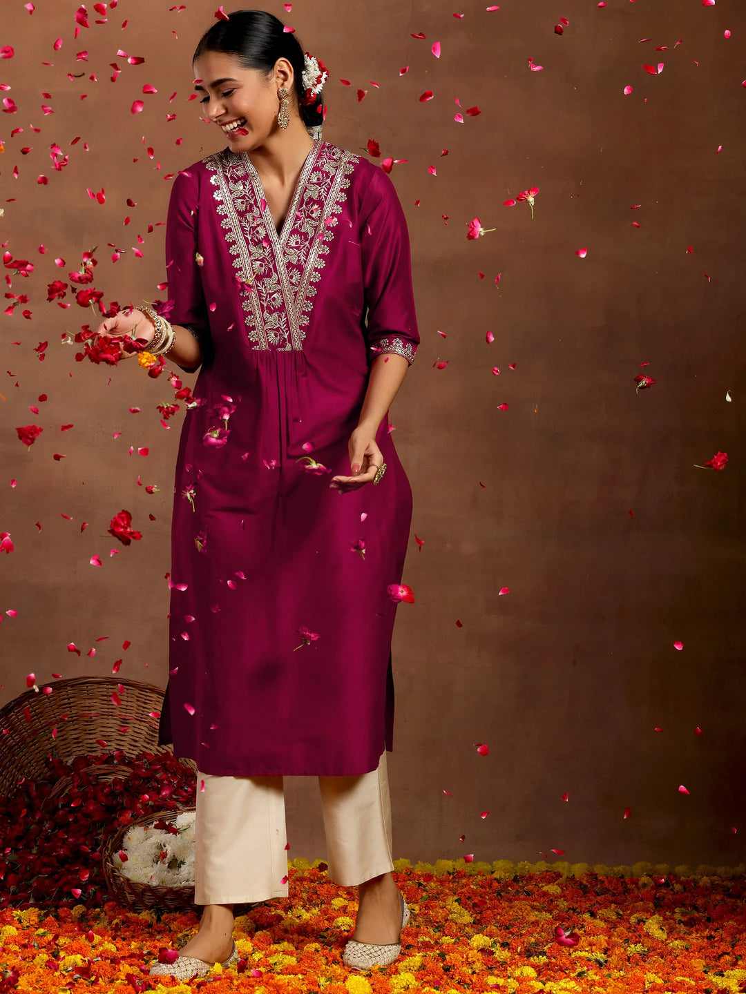  Maroon Yoke Design Silk Straight Kurta 