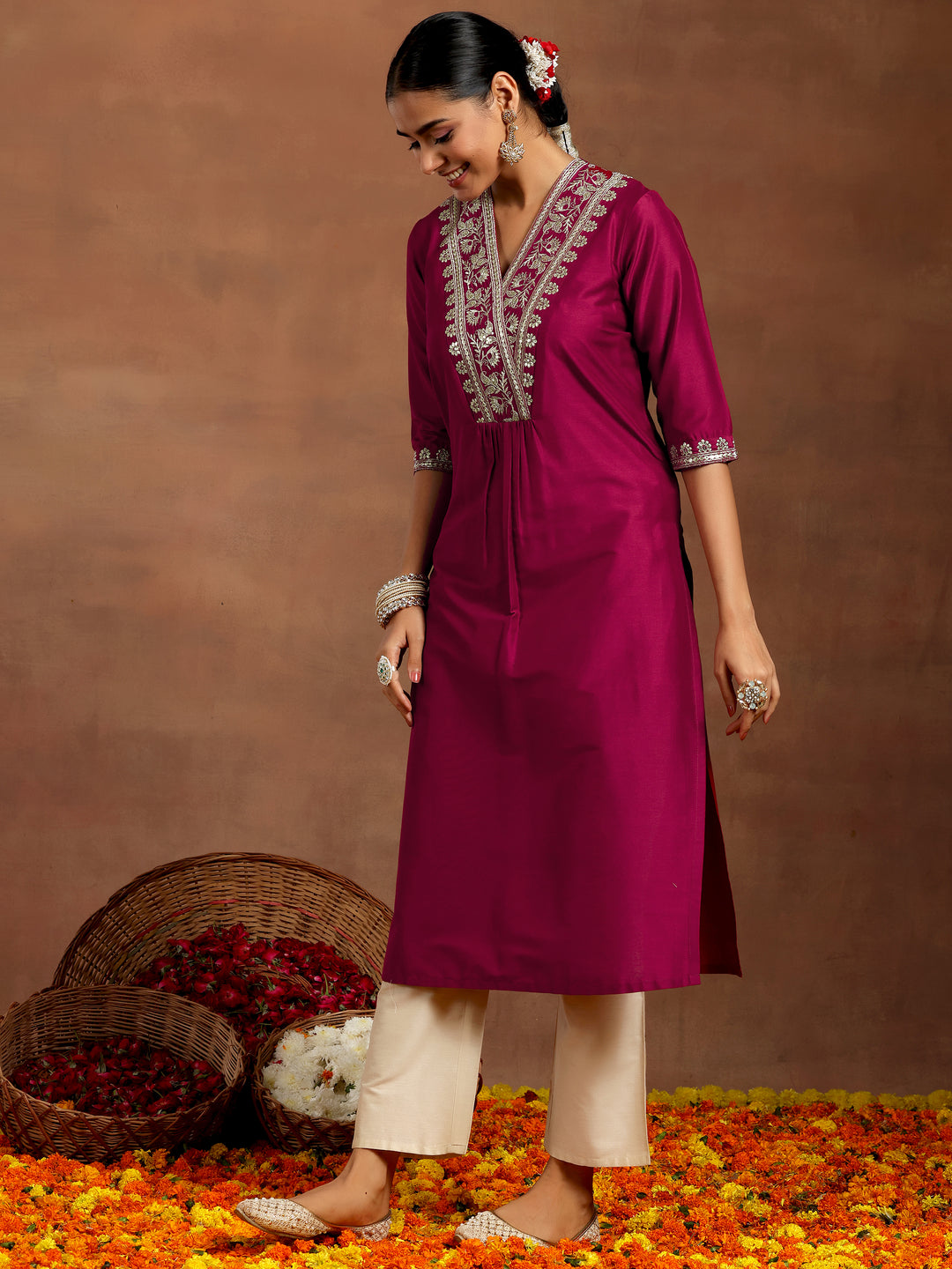  Maroon Yoke Design Silk Straight Kurta 