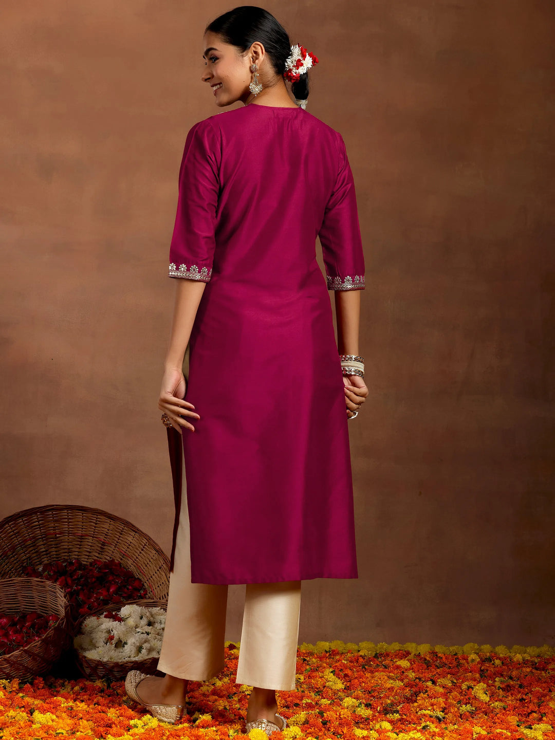  Maroon Yoke Design Silk Straight Kurta 