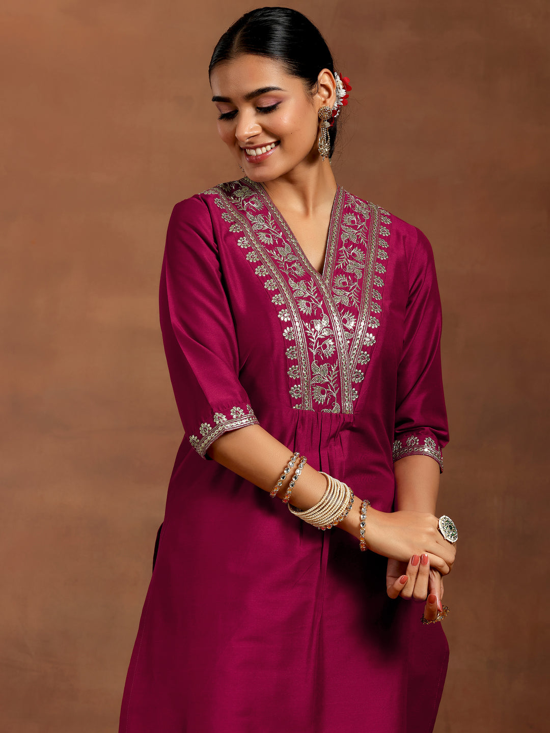  Maroon Yoke Design Silk Straight Kurta 