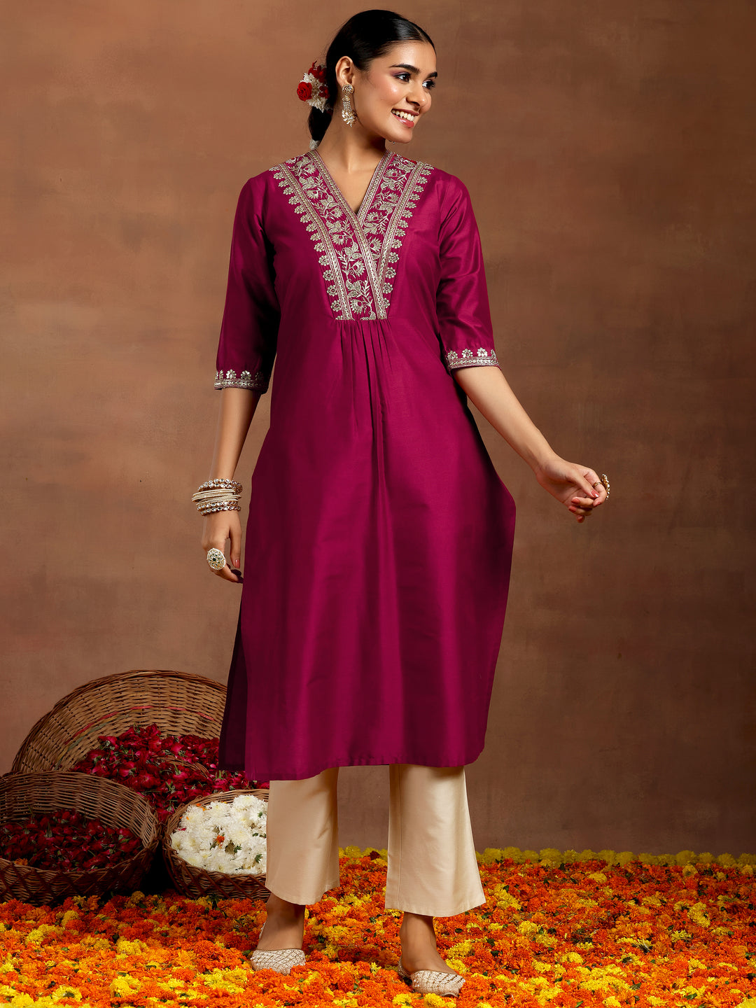  Maroon Yoke Design Silk Straight Kurta 