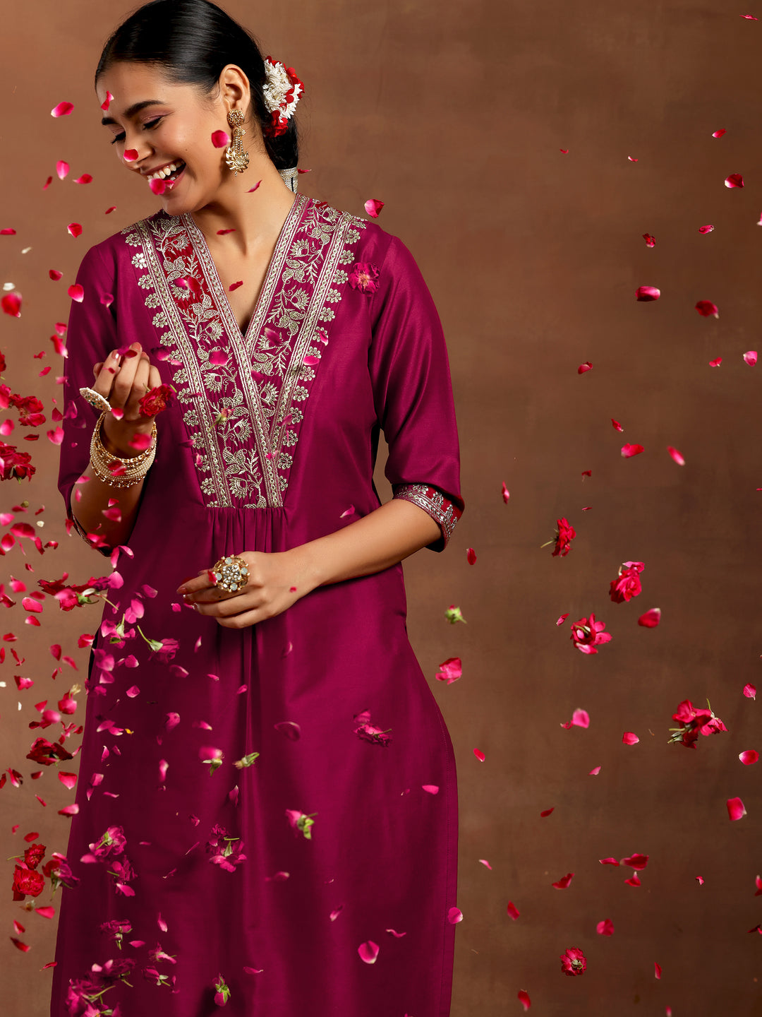  Maroon Yoke Design Silk Straight Kurta 