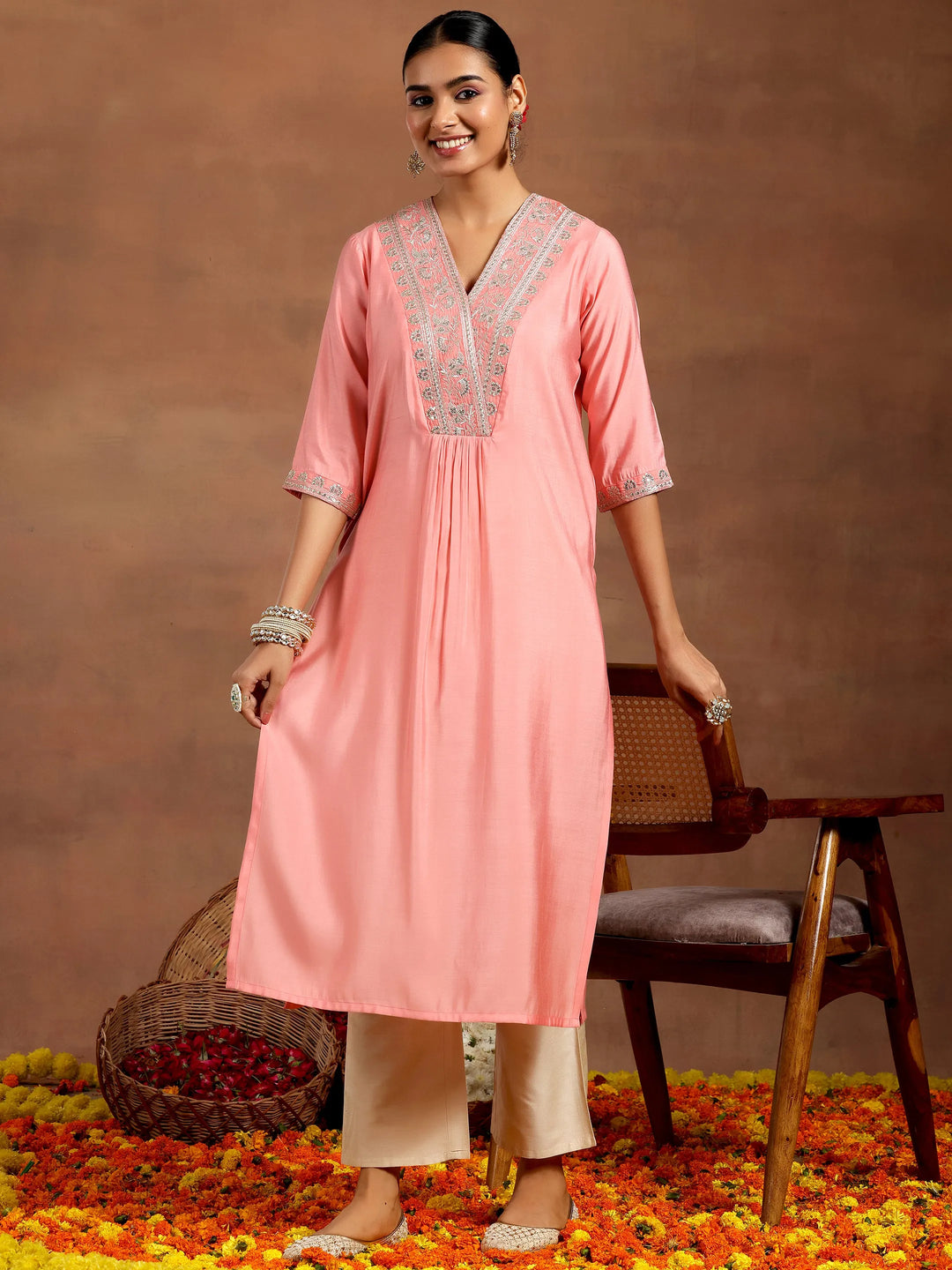  Peach Yoke Design Silk Straight Kurta 