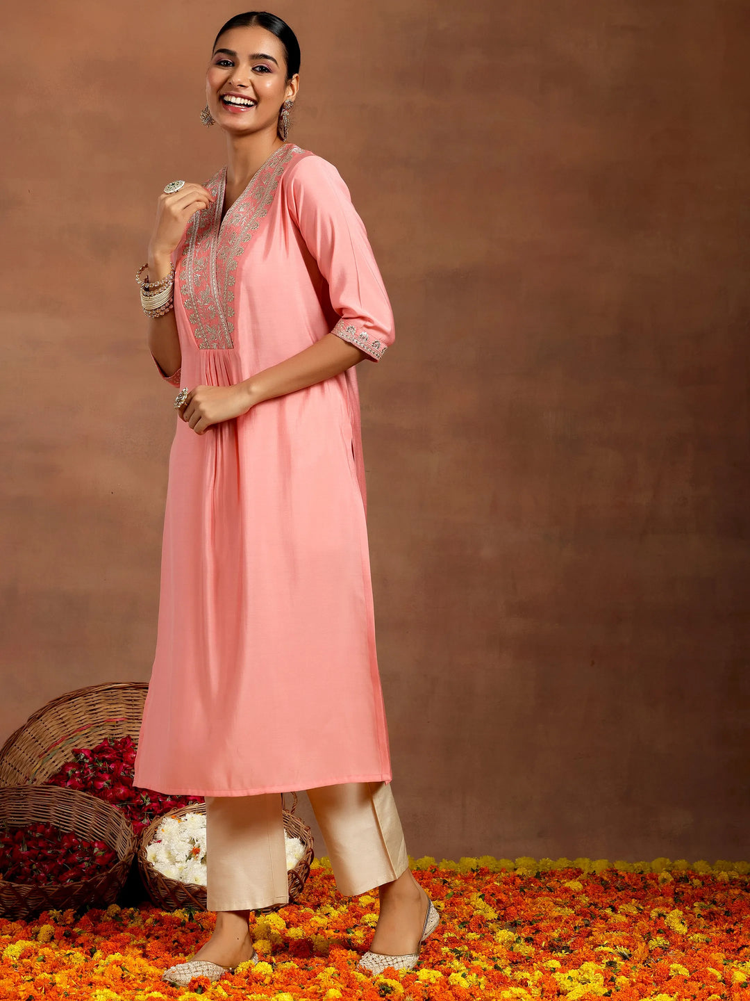  Peach Yoke Design Silk Straight Kurta 