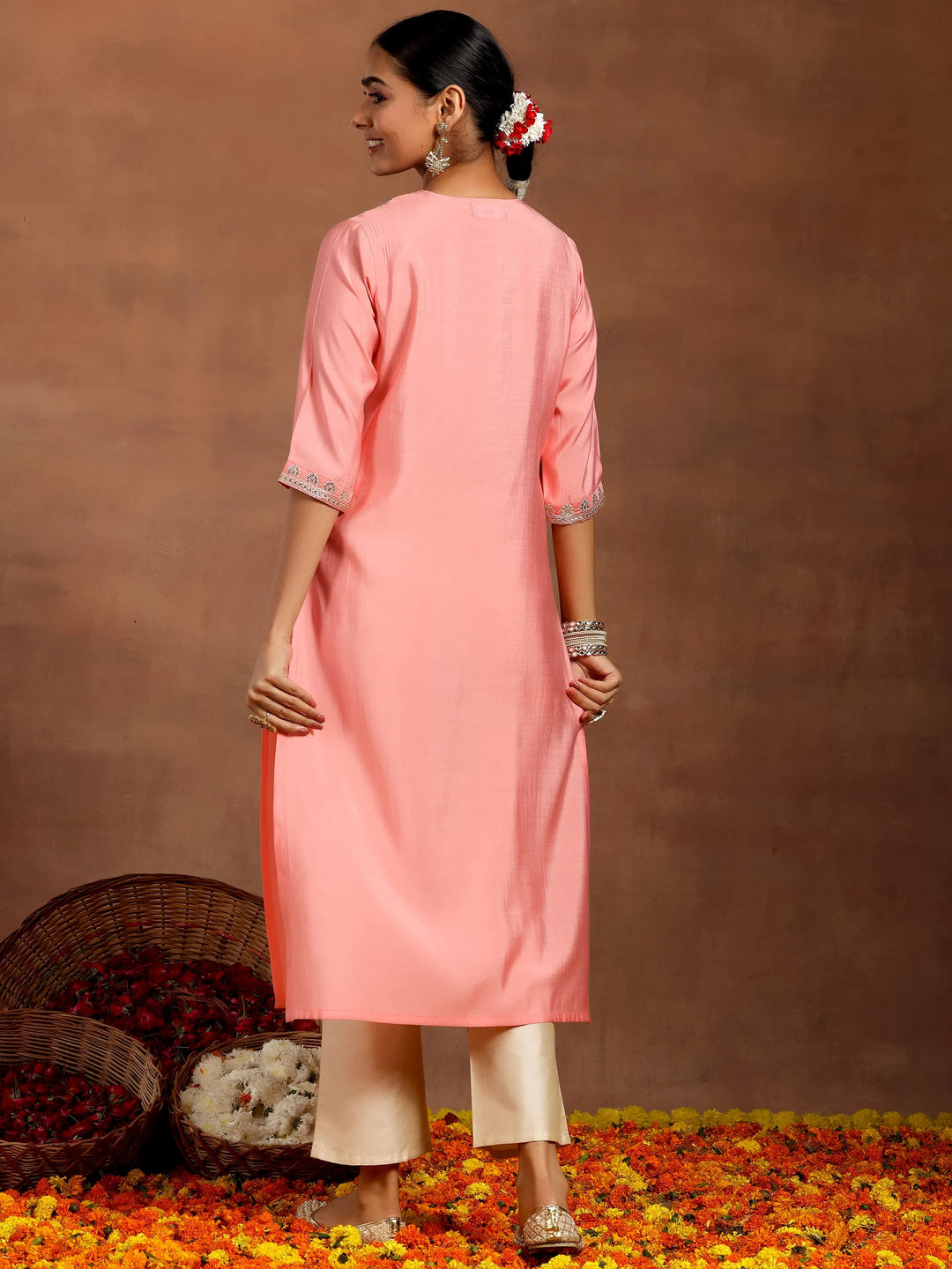  Peach Yoke Design Silk Straight Kurta 