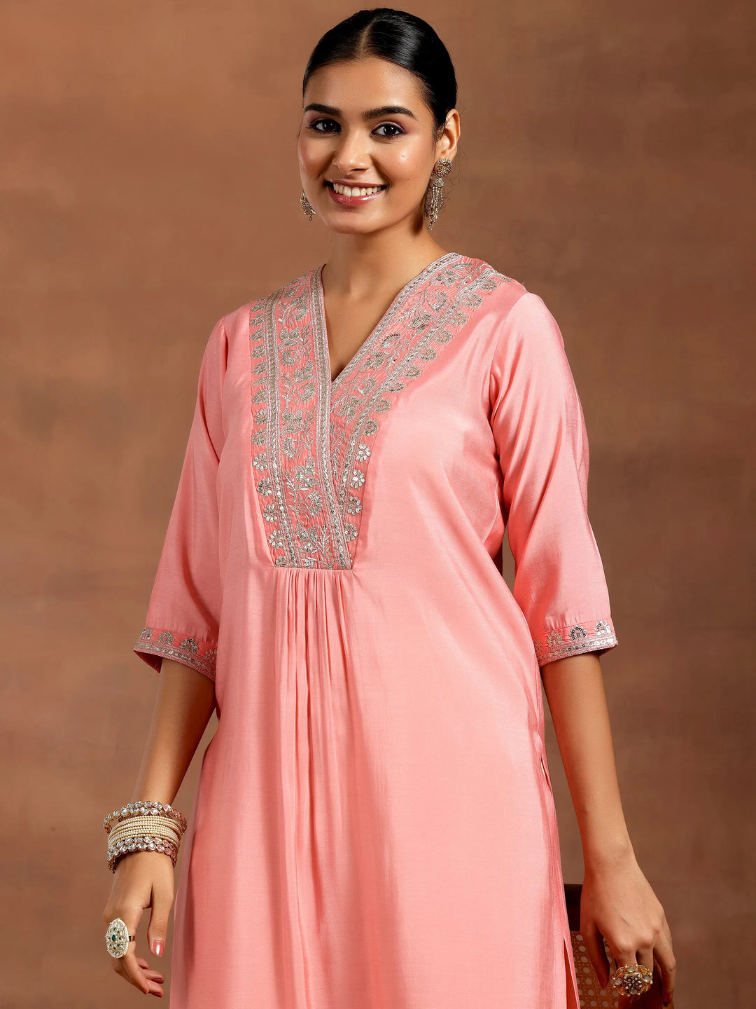  Peach Yoke Design Silk Straight Kurta 