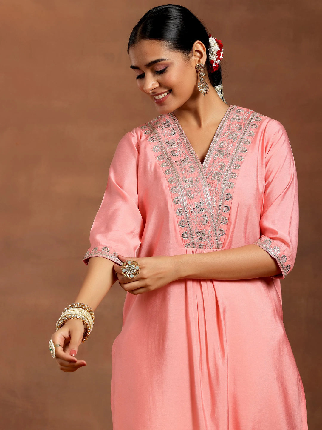  Peach Yoke Design Silk Straight Kurta 