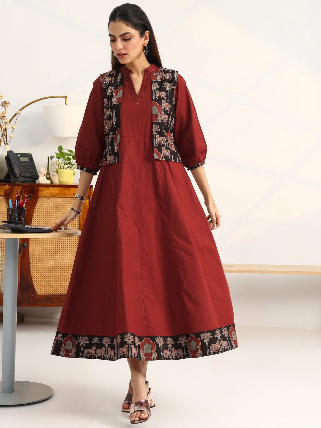  Rust Solid Cotton A-Line Puff Sleeves One Piece Dress With Jacket 