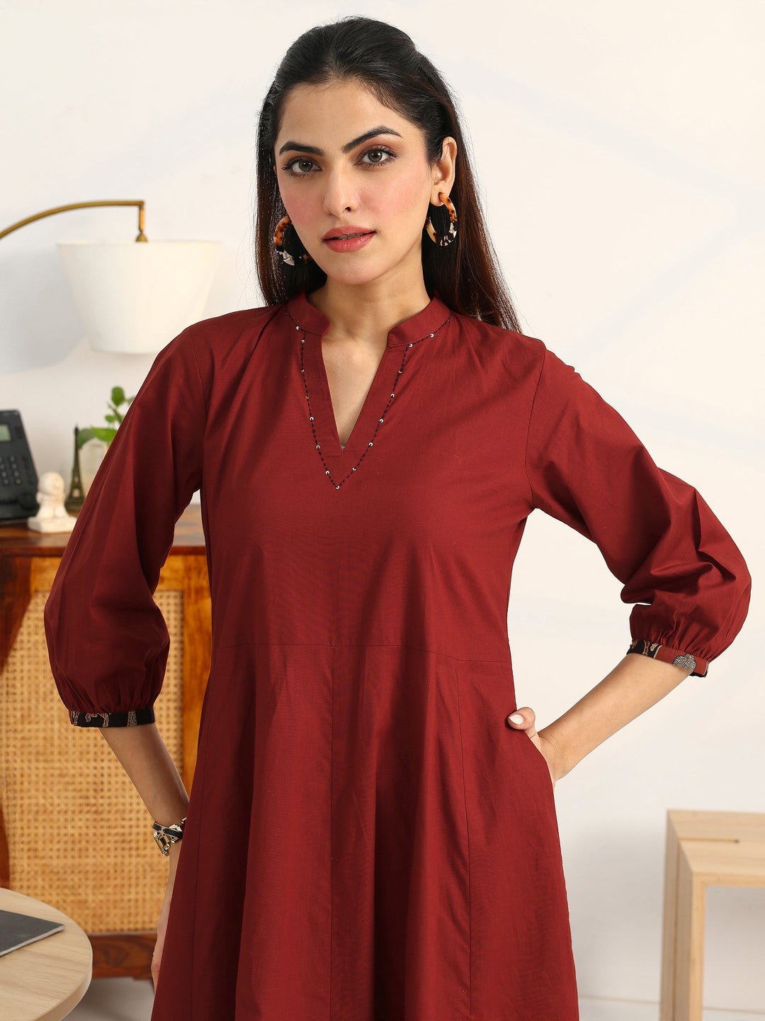  Rust Solid Cotton A-Line Puff Sleeves One Piece Dress With Jacket 