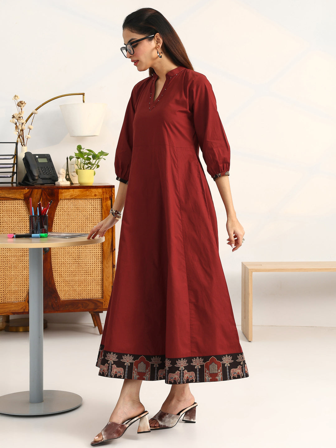  Rust Solid Cotton A-Line Puff Sleeves One Piece Dress With Jacket 