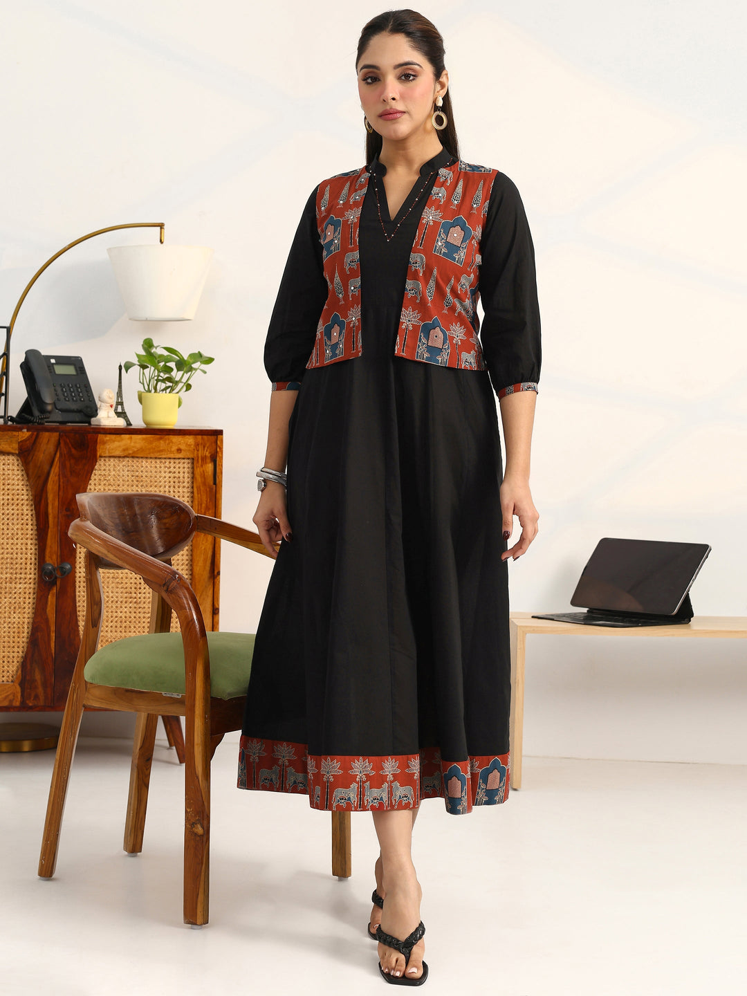  Black Solid Cotton A-Line Puff Sleeves One Piece Dress With Jacket 