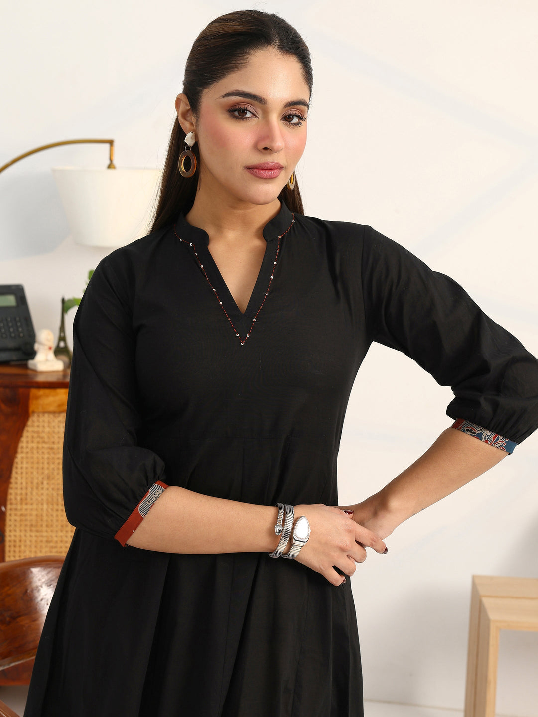  Black Solid Cotton A-Line Puff Sleeves One Piece Dress With Jacket 