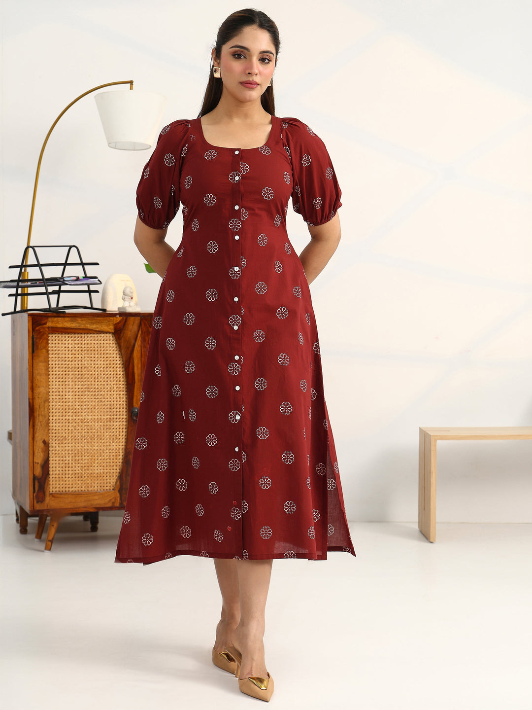  Rust Printed Cotton A-Line Puff Sleeves One Piece Dress 