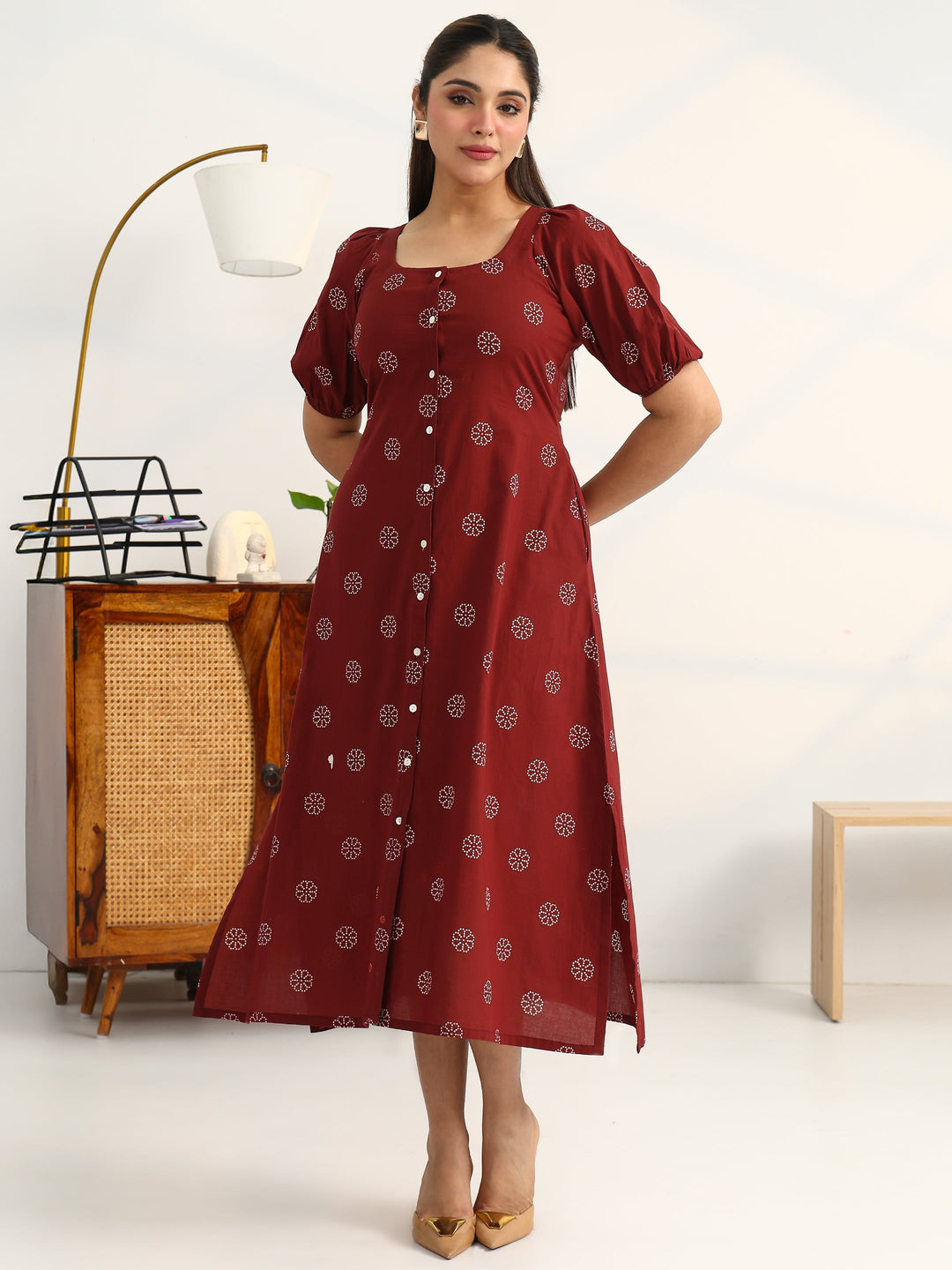  Rust Printed Cotton A-Line Puff Sleeves One Piece Dress 