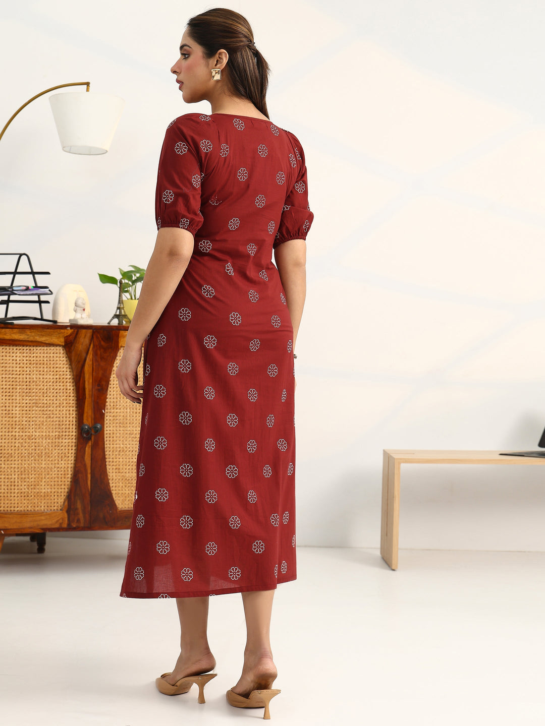  Rust Printed Cotton A-Line Puff Sleeves One Piece Dress 