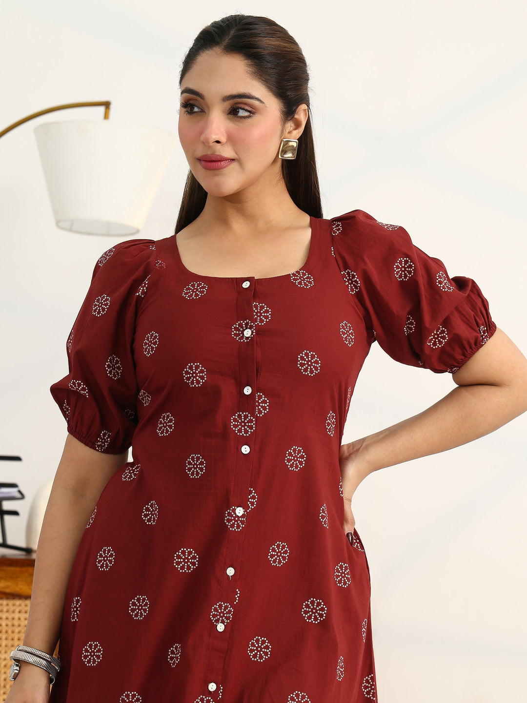  Rust Printed Cotton A-Line Puff Sleeves One Piece Dress 