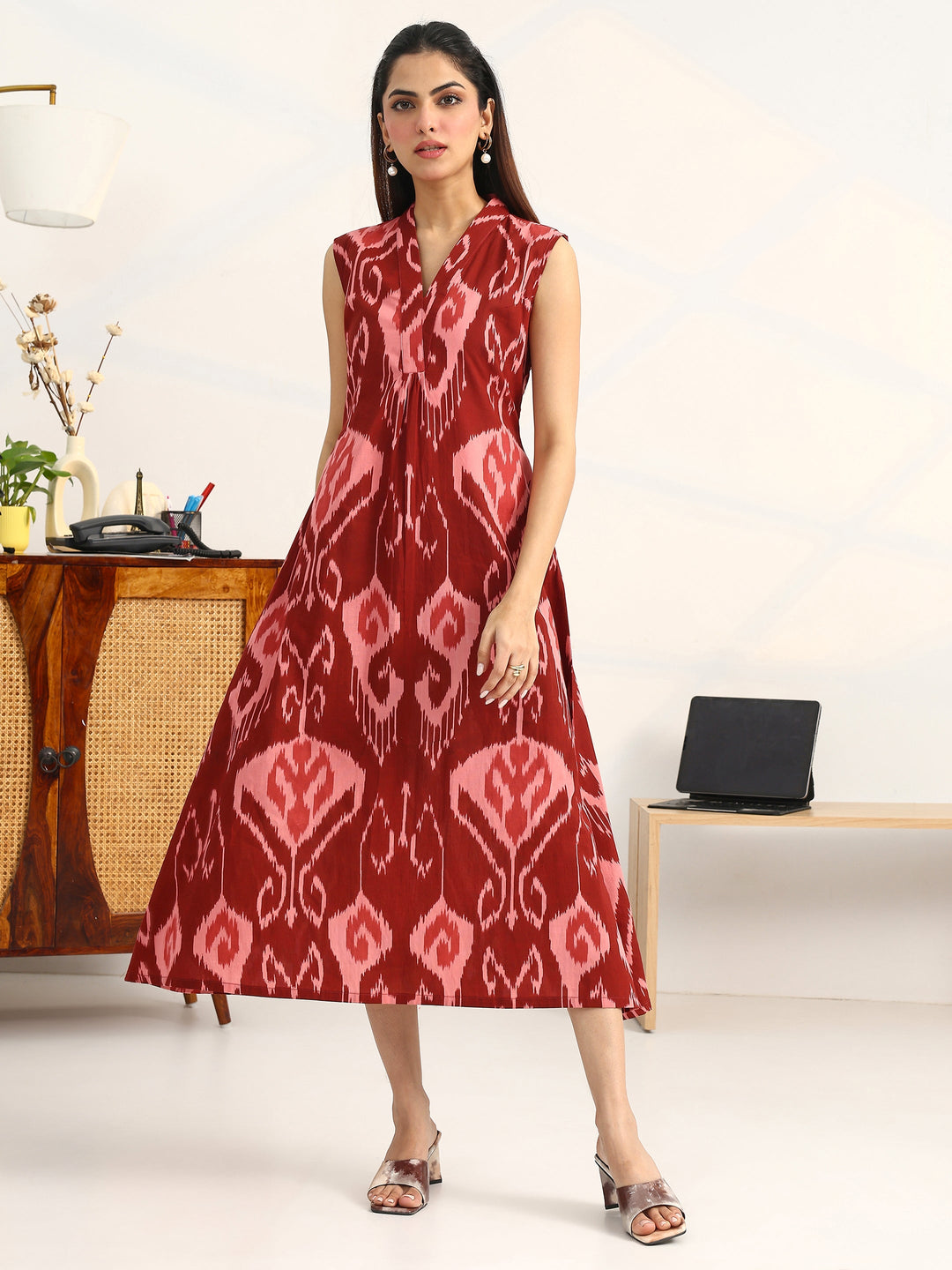  Rust Printed Cotton A-Line Sleeveless One Piece Dress 
