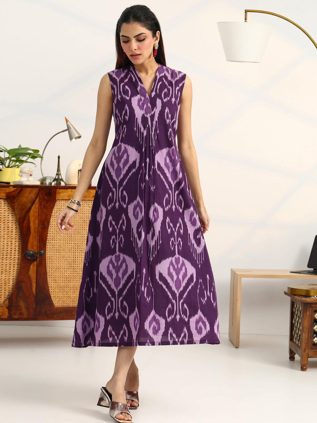  Purple Printed Cotton A-Line Sleeveless One Piece Dress 