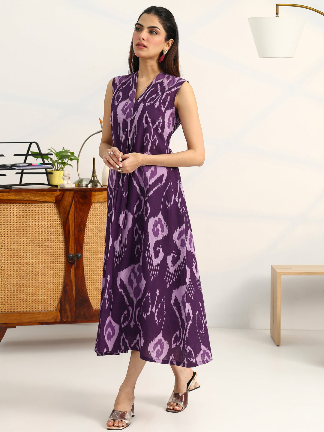  Purple Printed Cotton A-Line Sleeveless One Piece Dress 