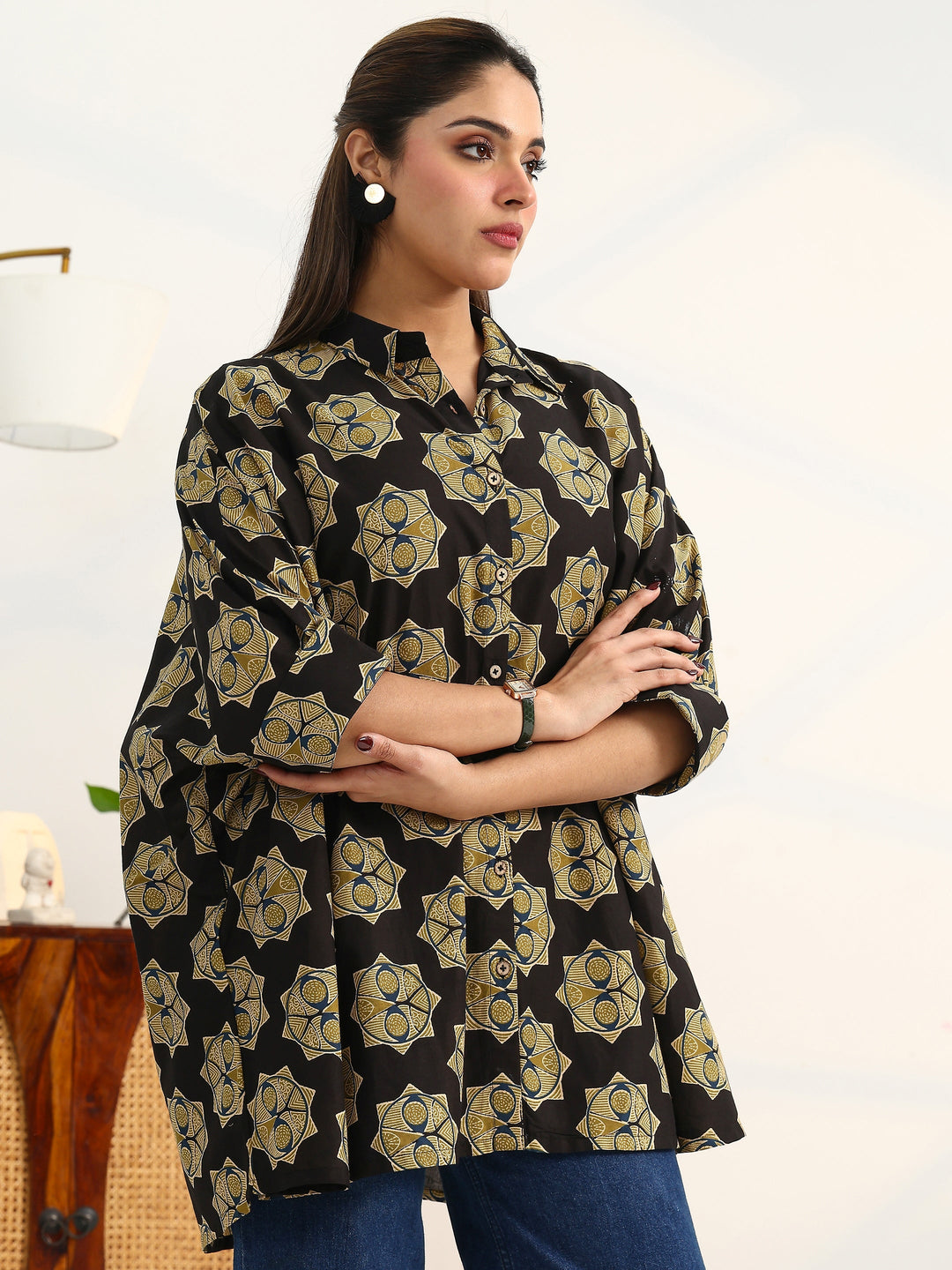  Classic Corp Black Printed Cotton Blend Shirt 