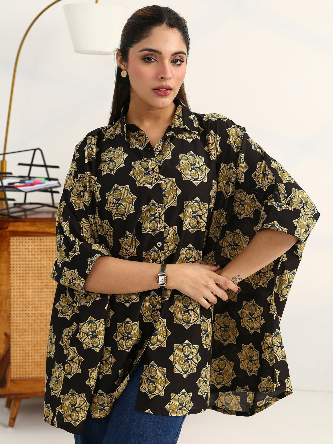  Classic Corp Black Printed Cotton Blend Shirt 