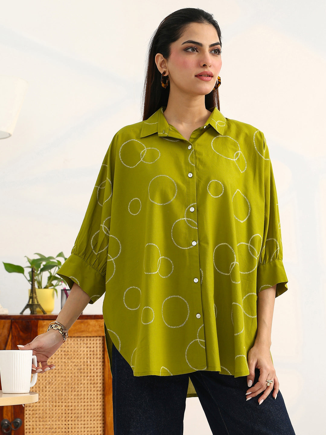  Green Geometric Printed Cotton Shirt 