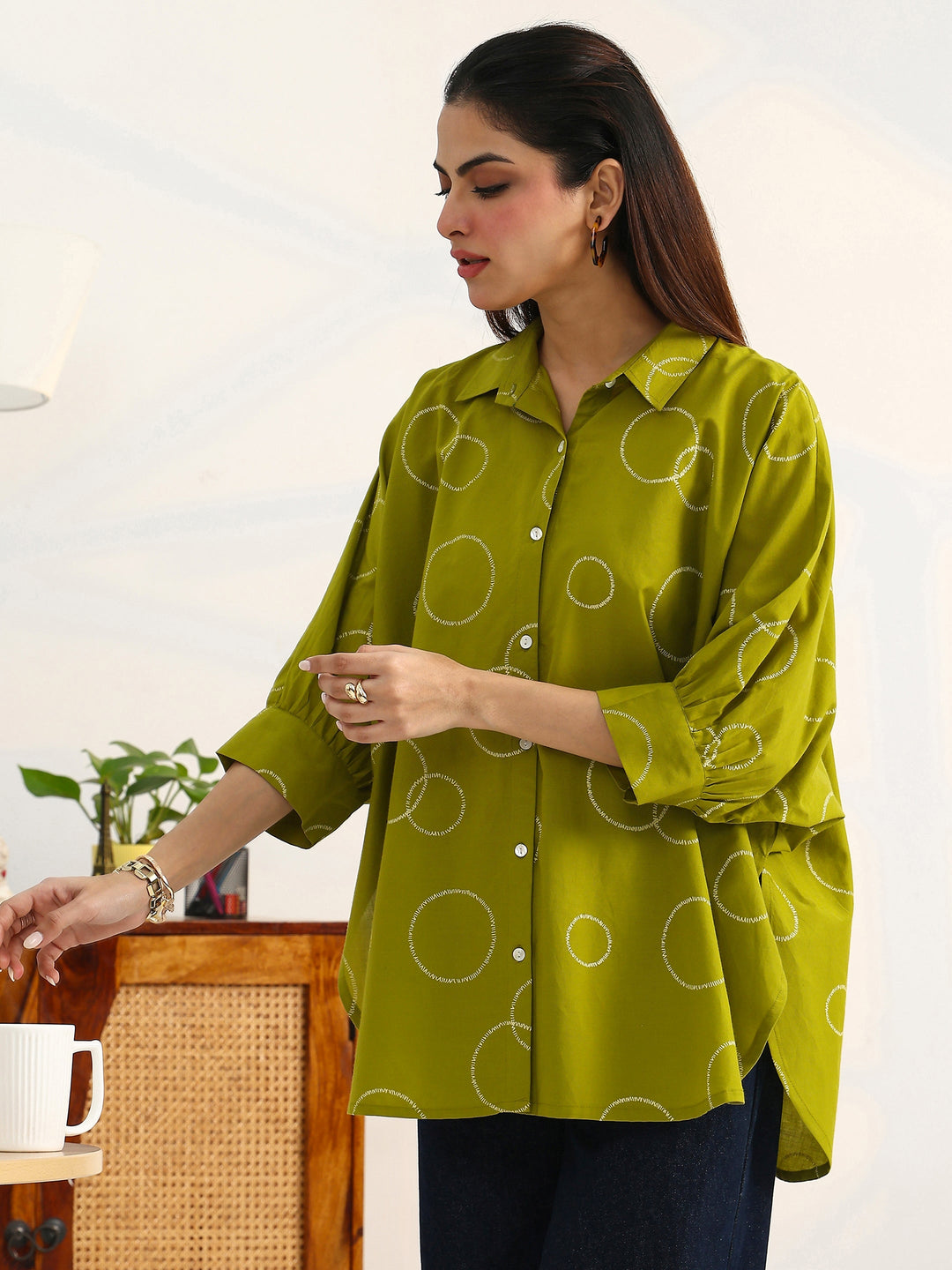  Green Geometric Printed Cotton Shirt 
