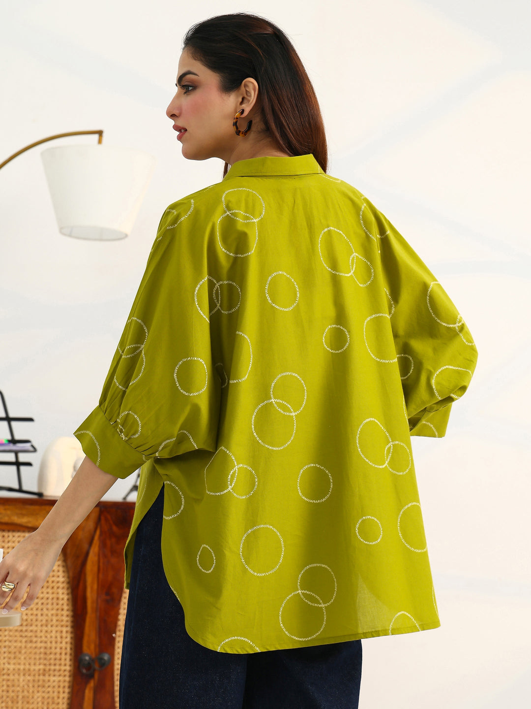  Green Geometric Printed Cotton Shirt 
