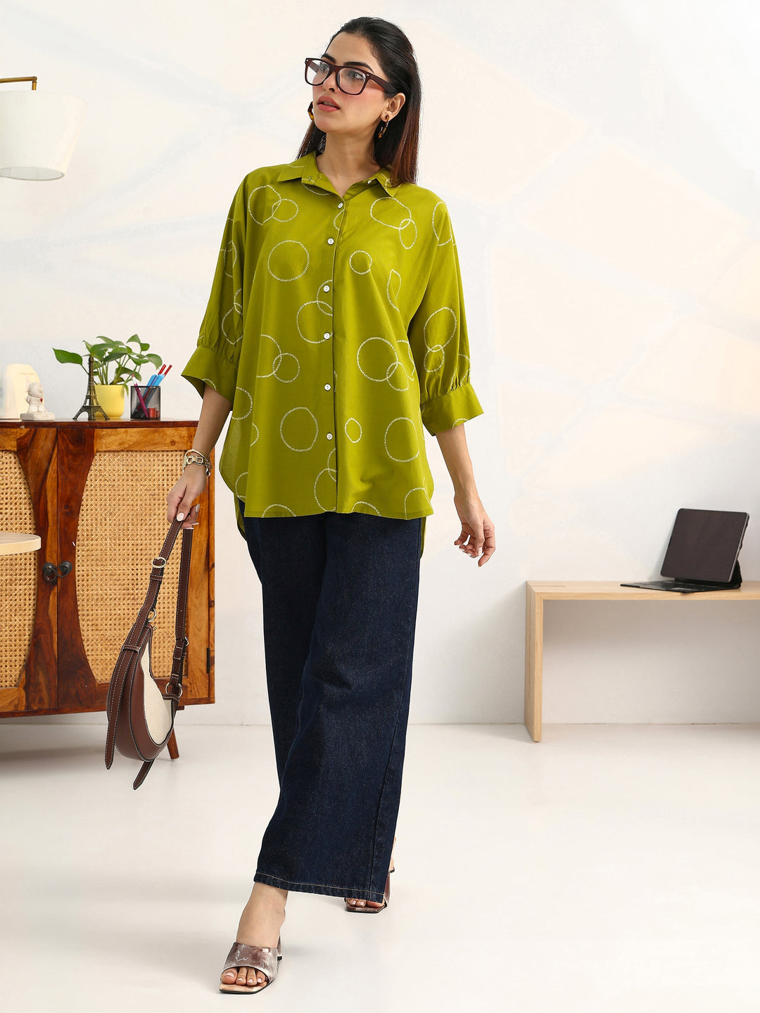  Green Geometric Printed Cotton Shirt 
