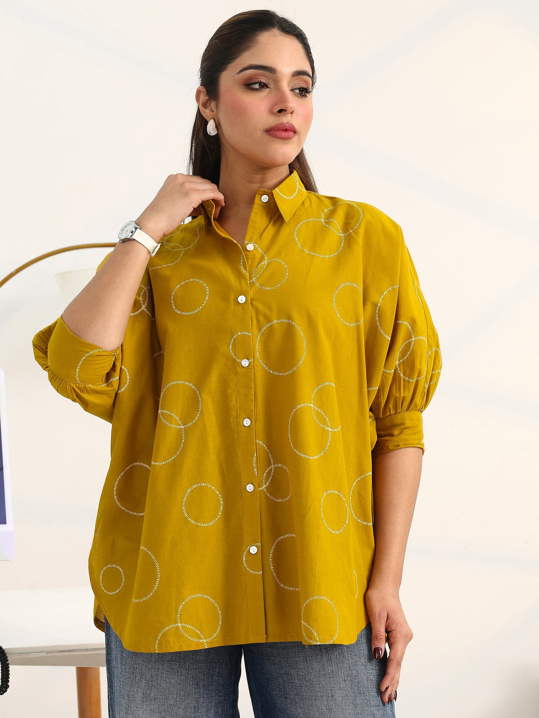  Mustard Geometric Printed Cotton Shirt 